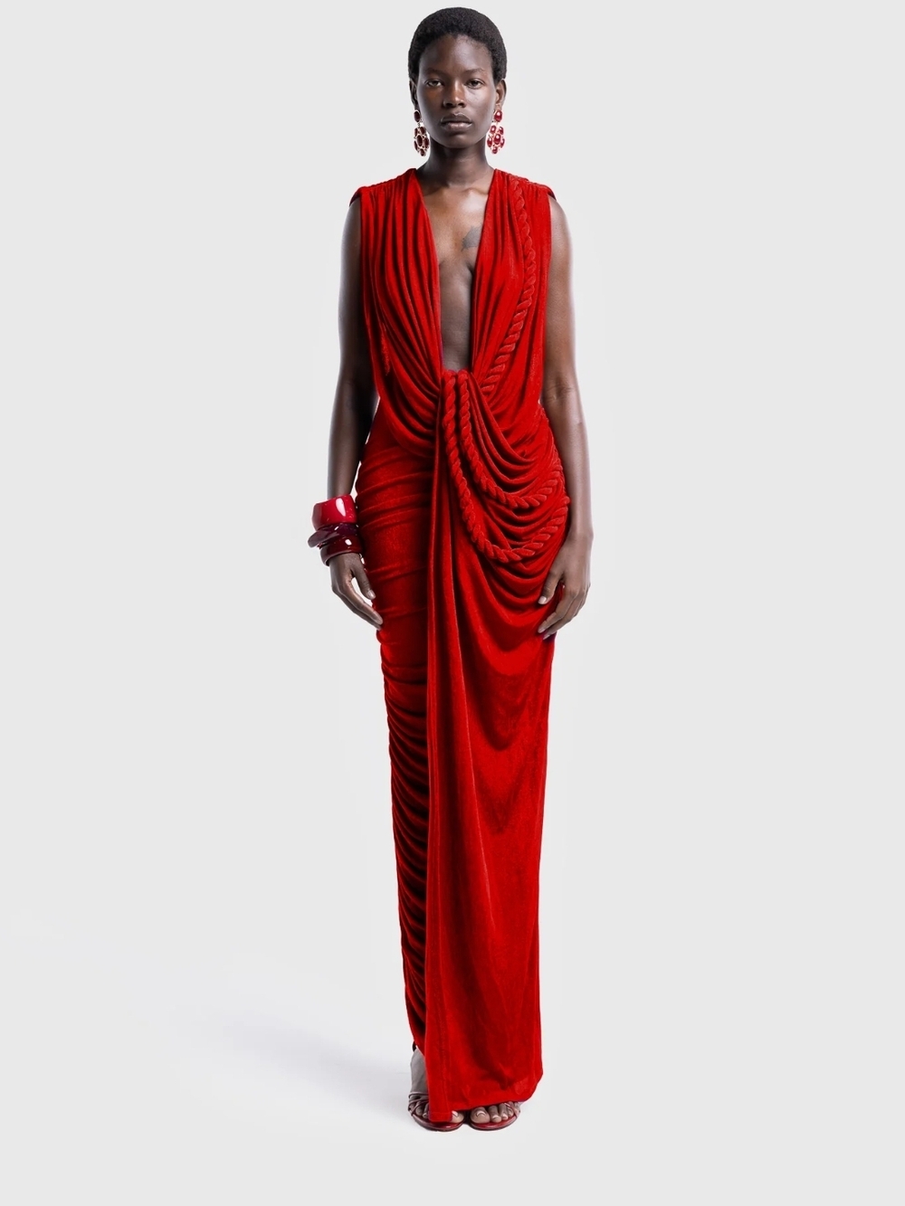 Red Draped Deep-V Maxi Dress